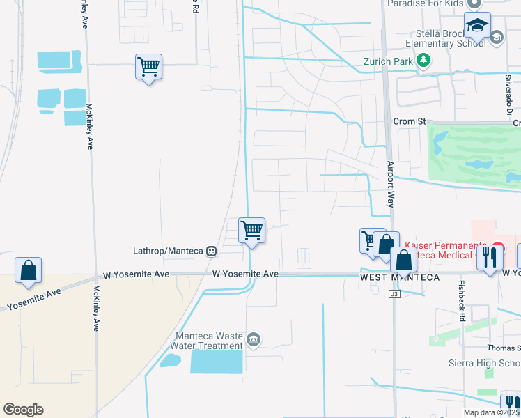 map of restaurants, bars, coffee shops, grocery stores, and more near 259 Swanson Road in Manteca