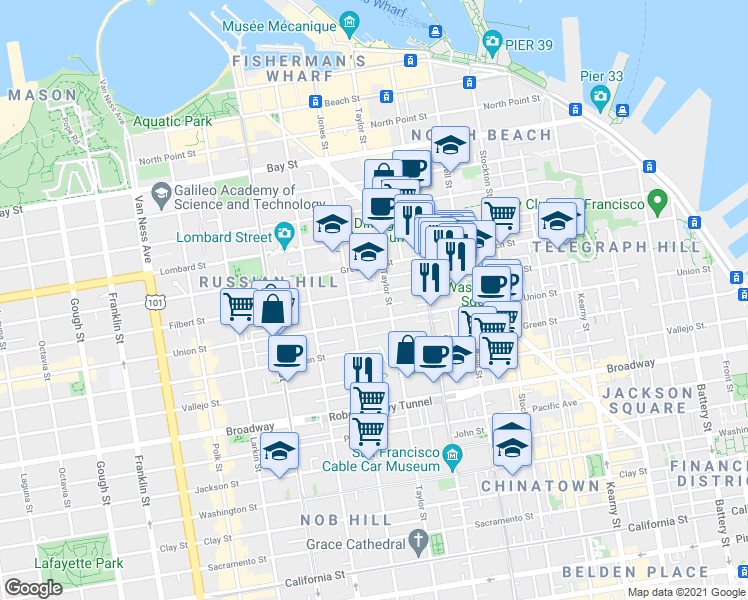 map of restaurants, bars, coffee shops, grocery stores, and more near 935 Filbert Street in San Francisco