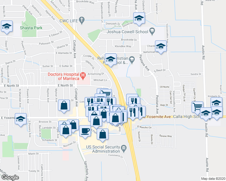 map of restaurants, bars, coffee shops, grocery stores, and more near 266 Northwoods Avenue in Manteca