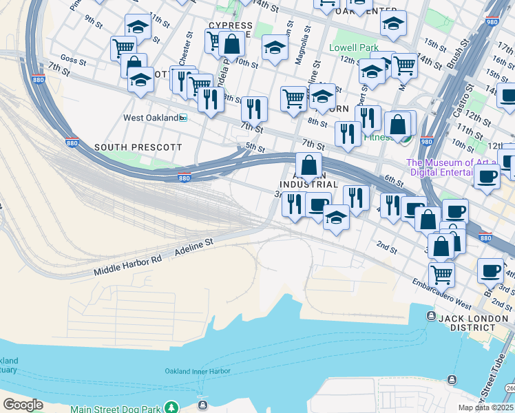 map of restaurants, bars, coffee shops, grocery stores, and more near 141 Embarcadero in Oakland