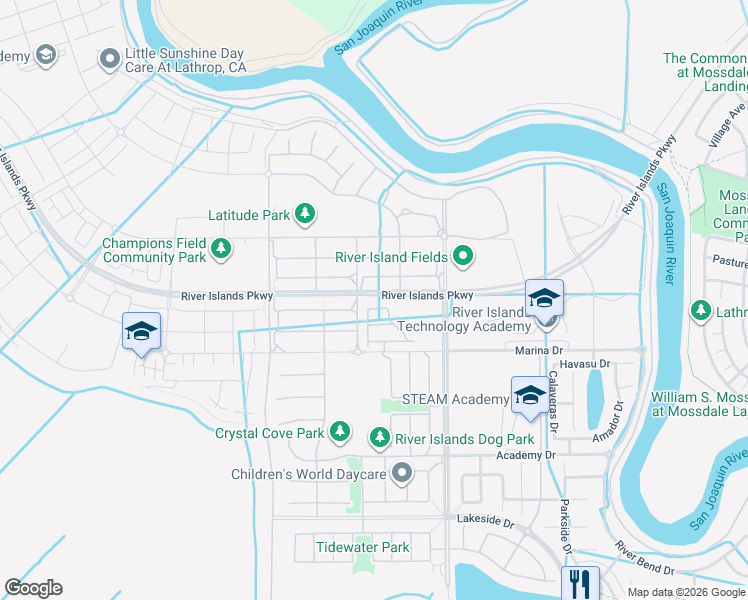 map of restaurants, bars, coffee shops, grocery stores, and more near 1720 Water Lily Court in Lathrop