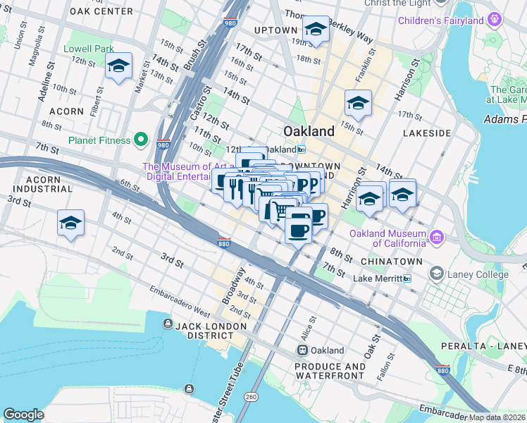 map of restaurants, bars, coffee shops, grocery stores, and more near in Oakland