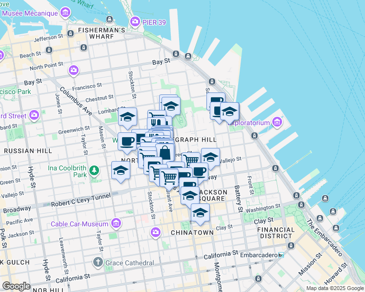 map of restaurants, bars, coffee shops, grocery stores, and more near 1309 Kearny Street in San Francisco