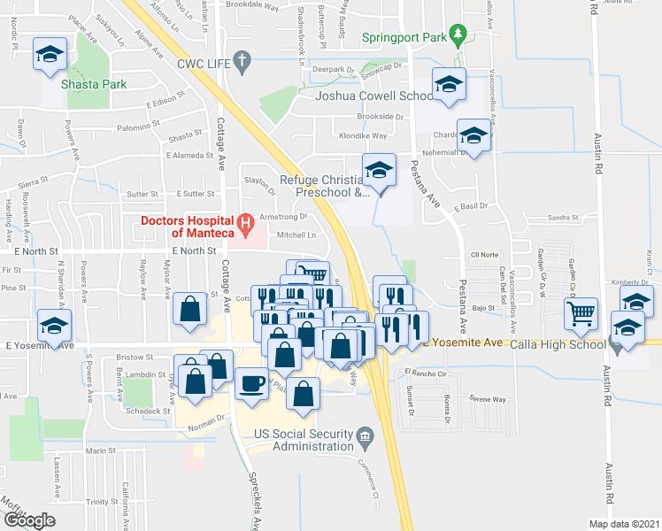 map of restaurants, bars, coffee shops, grocery stores, and more near 224 Northwoods Avenue in Manteca