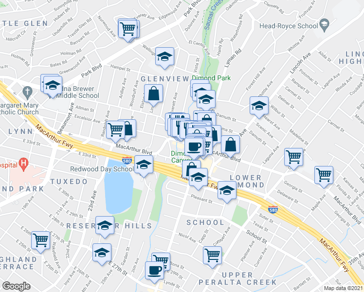map of restaurants, bars, coffee shops, grocery stores, and more near 3414 Adell Court in Oakland