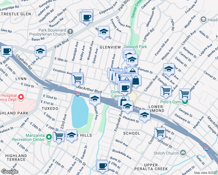 map of restaurants, bars, coffee shops, grocery stores, and more near 3414 Adell Court in Oakland