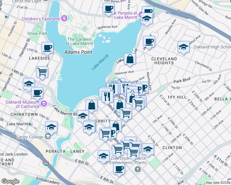 map of restaurants, bars, coffee shops, grocery stores, and more near 250 East 18th Street in Oakland