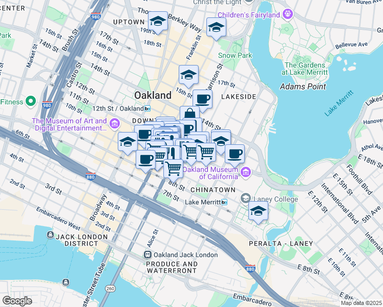 map of restaurants, bars, coffee shops, grocery stores, and more near Alice Street in Oakland