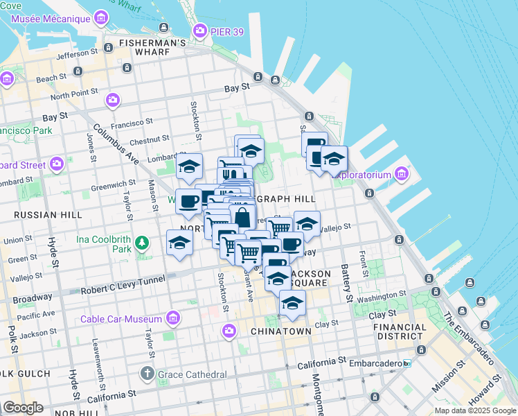 map of restaurants, bars, coffee shops, grocery stores, and more near 1309 Kearny Street in San Francisco