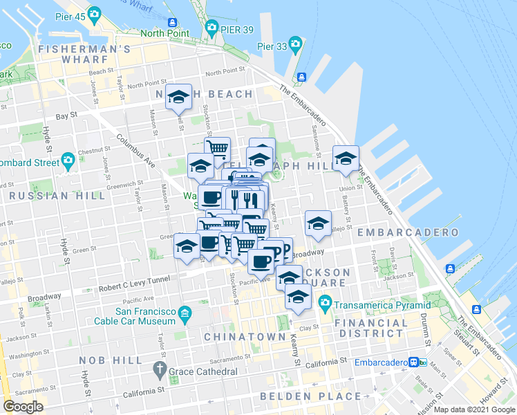 map of restaurants, bars, coffee shops, grocery stores, and more near 1425 Grant Avenue in San Francisco