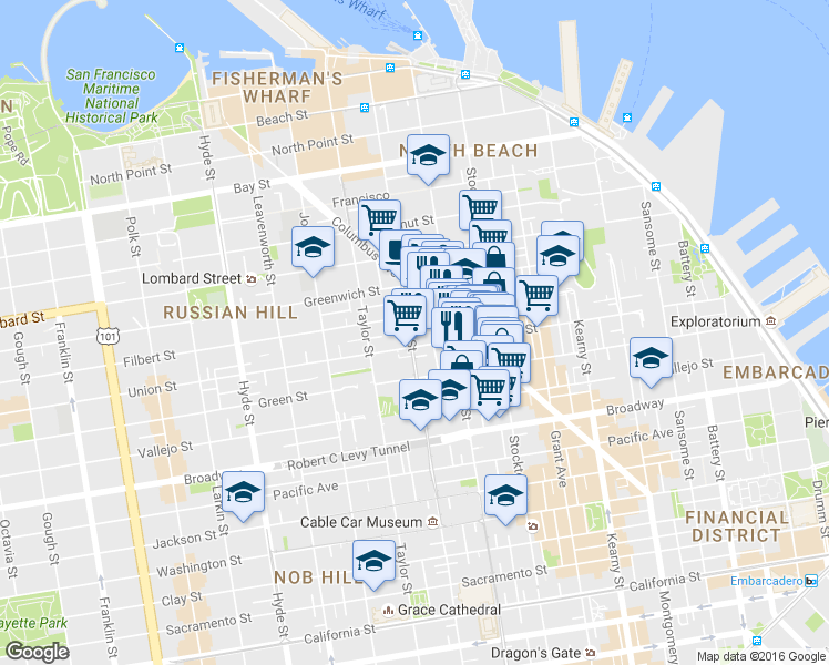 map of restaurants, bars, coffee shops, grocery stores, and more near 769 Union Street in San Francisco