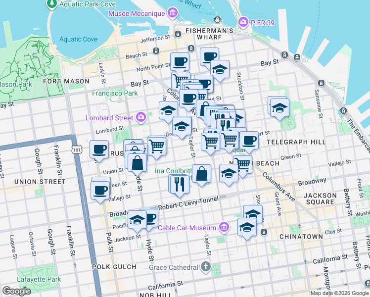 map of restaurants, bars, coffee shops, grocery stores, and more near 950 Union Street in San Francisco