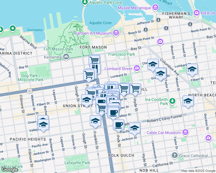 map of restaurants, bars, coffee shops, grocery stores, and more near 2512 Polk Street in San Francisco