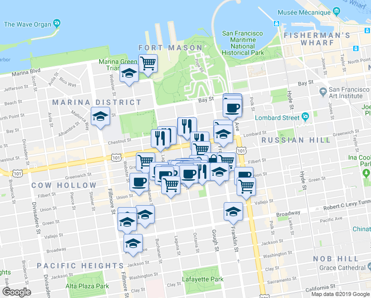 map of restaurants, bars, coffee shops, grocery stores, and more near 1750 Greenwich Street in San Francisco