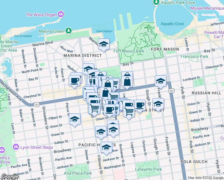 map of restaurants, bars, coffee shops, grocery stores, and more near 1880 Lombard Street in San Francisco