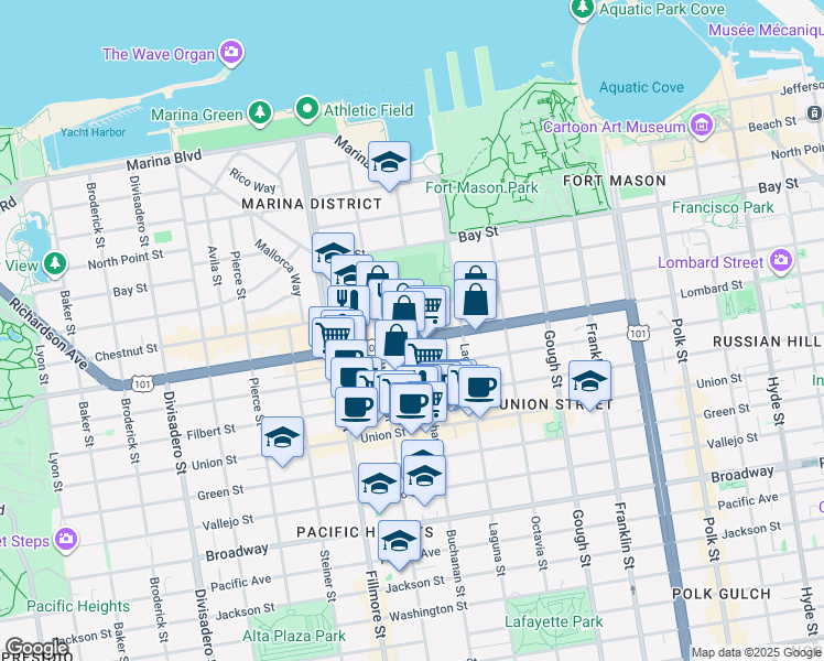 map of restaurants, bars, coffee shops, grocery stores, and more near 1880 Lombard Street in San Francisco