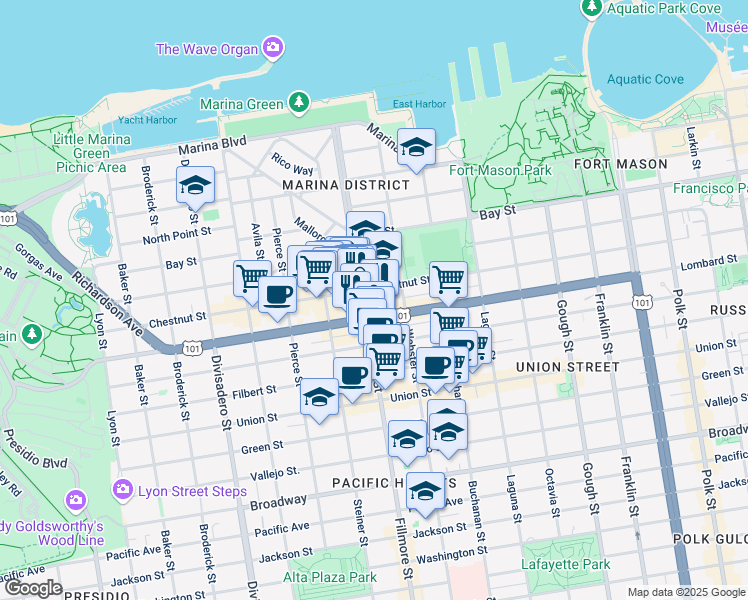 map of restaurants, bars, coffee shops, grocery stores, and more near in San Francisco