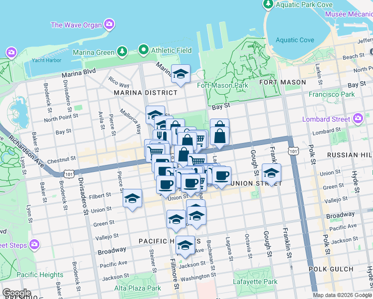 map of restaurants, bars, coffee shops, grocery stores, and more near 1940 Lombard Street in San Francisco