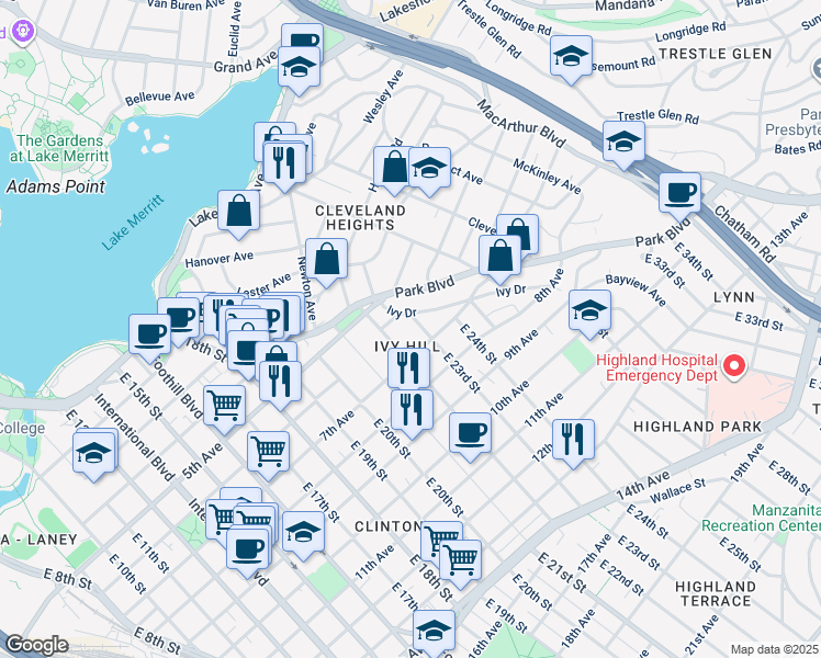 map of restaurants, bars, coffee shops, grocery stores, and more near 609 East 23rd Street in Oakland