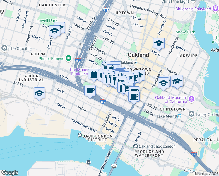 map of restaurants, bars, coffee shops, grocery stores, and more near 496 7th Street in Oakland