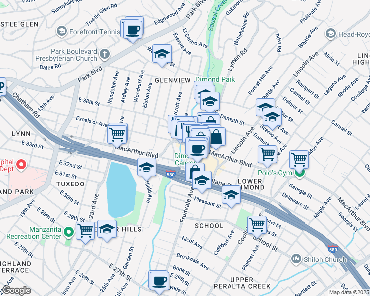 map of restaurants, bars, coffee shops, grocery stores, and more near 2045 MacArthur Boulevard in Oakland