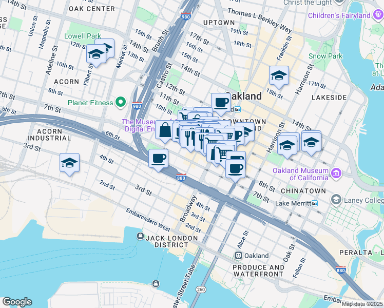 map of restaurants, bars, coffee shops, grocery stores, and more near 725 Washington Street in Oakland
