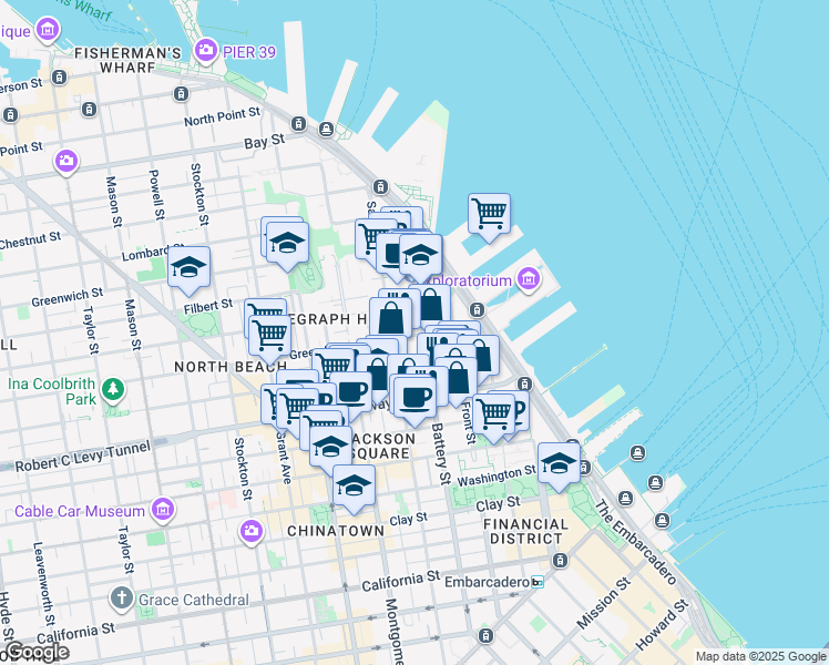 map of restaurants, bars, coffee shops, grocery stores, and more near 69 Green Street in San Francisco