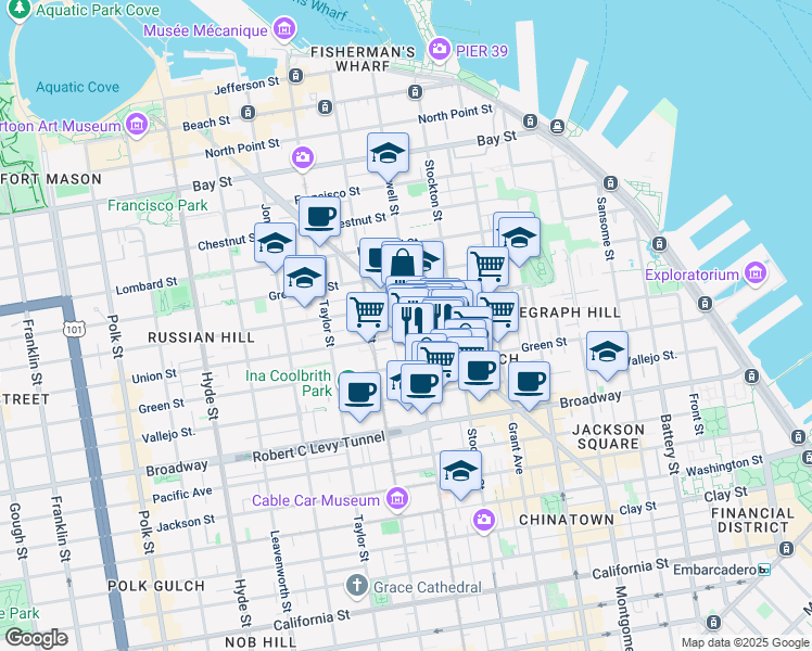 map of restaurants, bars, coffee shops, grocery stores, and more near 1717 Powell Street in San Francisco