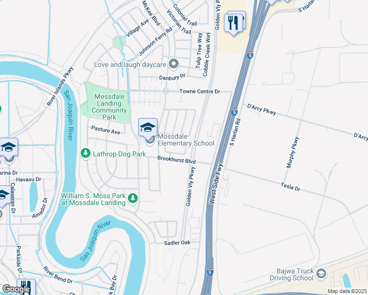map of restaurants, bars, coffee shops, grocery stores, and more near 222 American Farms Avenue in Lathrop