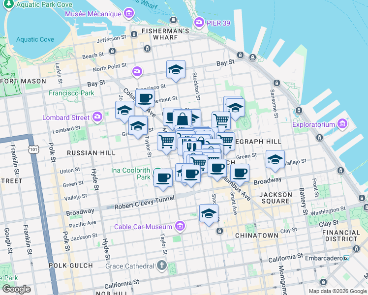 map of restaurants, bars, coffee shops, grocery stores, and more near 1717 Powell Street in San Francisco