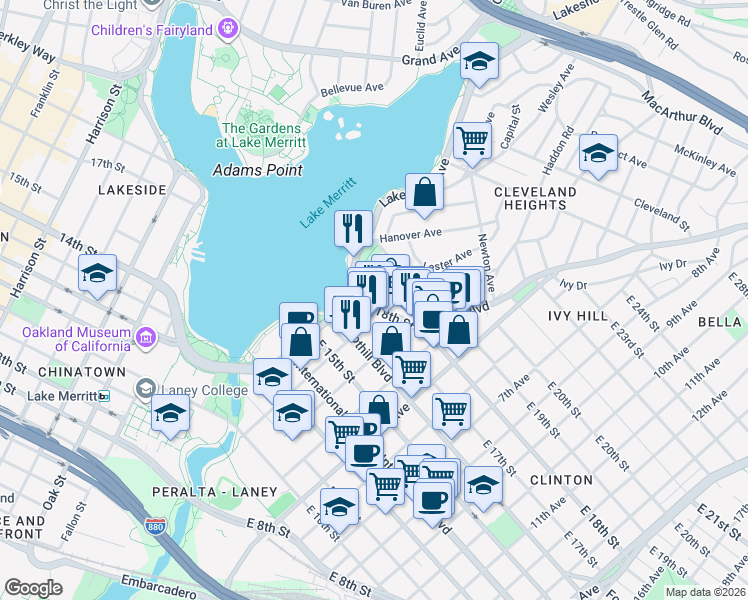 map of restaurants, bars, coffee shops, grocery stores, and more near 250 East 18th Street in Oakland