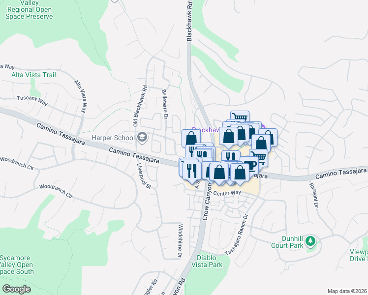 map of restaurants, bars, coffee shops, grocery stores, and more near 201 Woodvalley Place in Danville