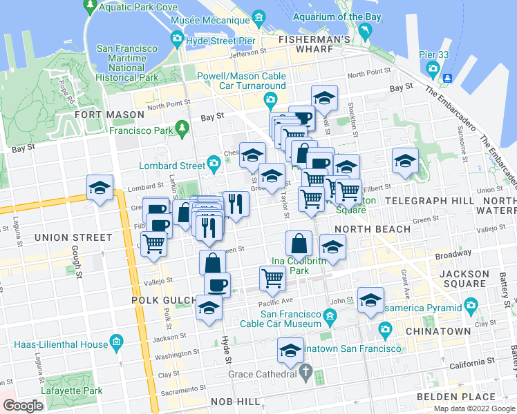 map of restaurants, bars, coffee shops, grocery stores, and more near Filbert St & Jones St in San Francisco