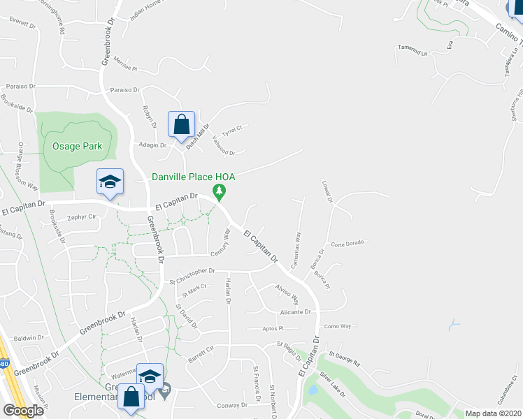 map of restaurants, bars, coffee shops, grocery stores, and more near 316 Zamora Place in Danville
