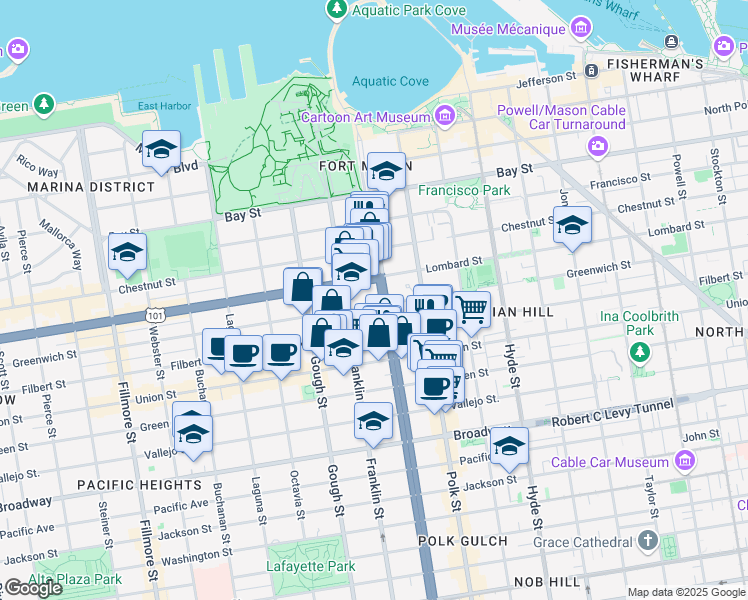 map of restaurants, bars, coffee shops, grocery stores, and more near in San Francisco