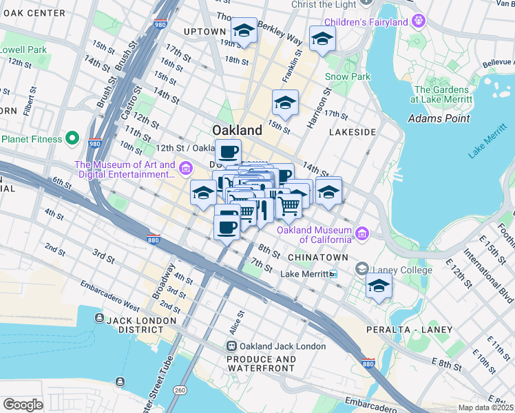 map of restaurants, bars, coffee shops, grocery stores, and more near in Oakland