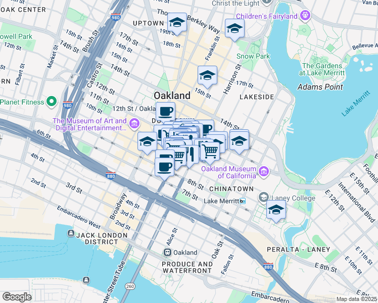 map of restaurants, bars, coffee shops, grocery stores, and more near in Oakland