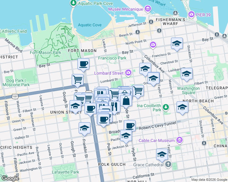 map of restaurants, bars, coffee shops, grocery stores, and more near 2409 Larkin Street in San Francisco