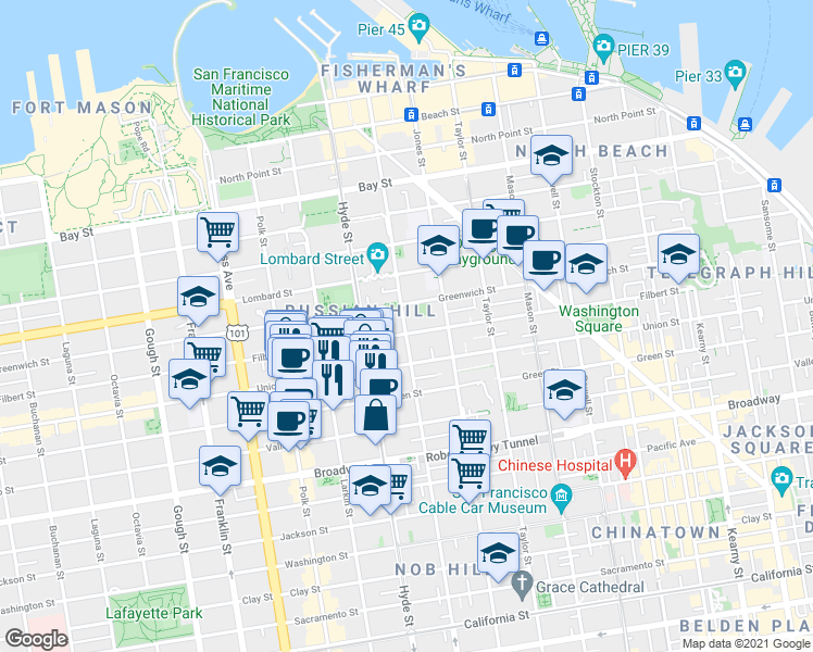 map of restaurants, bars, coffee shops, grocery stores, and more near 2108 Leavenworth St in San Francisco