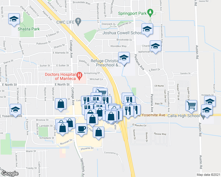 map of restaurants, bars, coffee shops, grocery stores, and more near 224 Northwoods Avenue in Manteca