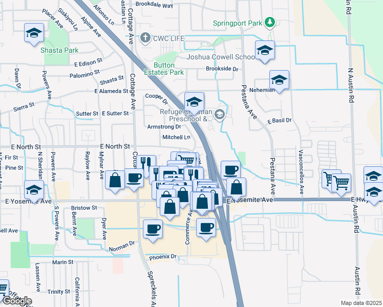 map of restaurants, bars, coffee shops, grocery stores, and more near 1371 Mcnary Circle in Manteca