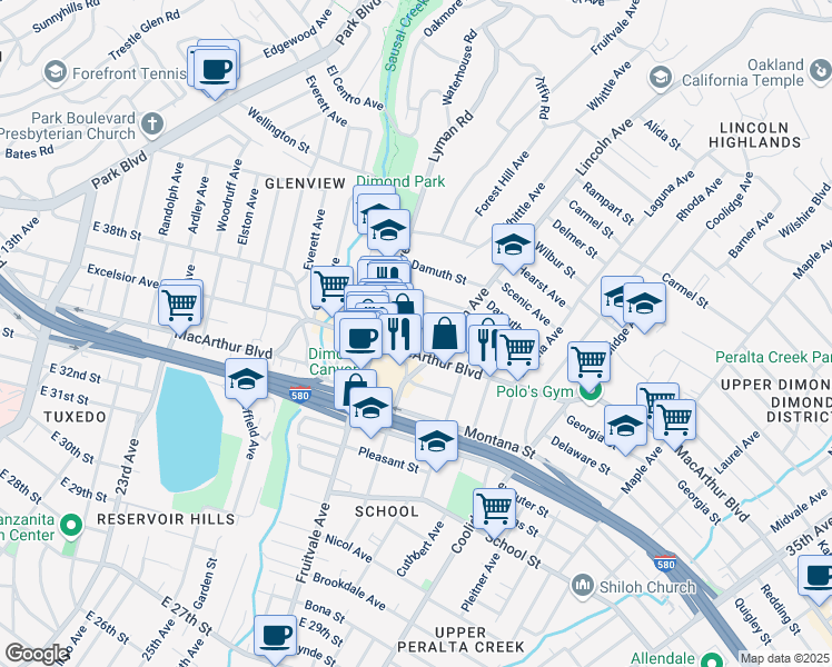 map of restaurants, bars, coffee shops, grocery stores, and more near in Oakland
