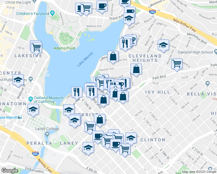 map of restaurants, bars, coffee shops, grocery stores, and more near 1815 3rd Avenue in Oakland
