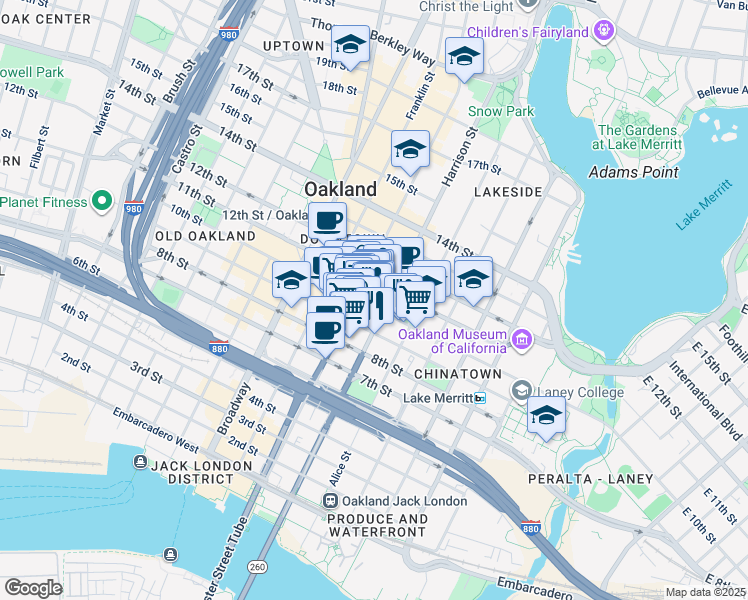 map of restaurants, bars, coffee shops, grocery stores, and more near in Oakland