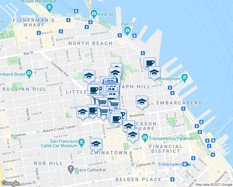 map of restaurants, bars, coffee shops, grocery stores, and more near 1309 Kearny Street in San Francisco