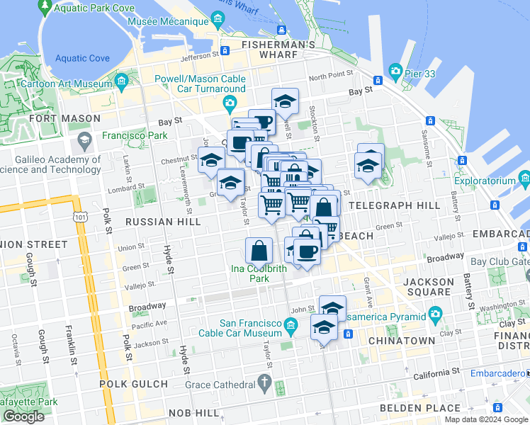 map of restaurants, bars, coffee shops, grocery stores, and more near 862 Union Street in San Francisco