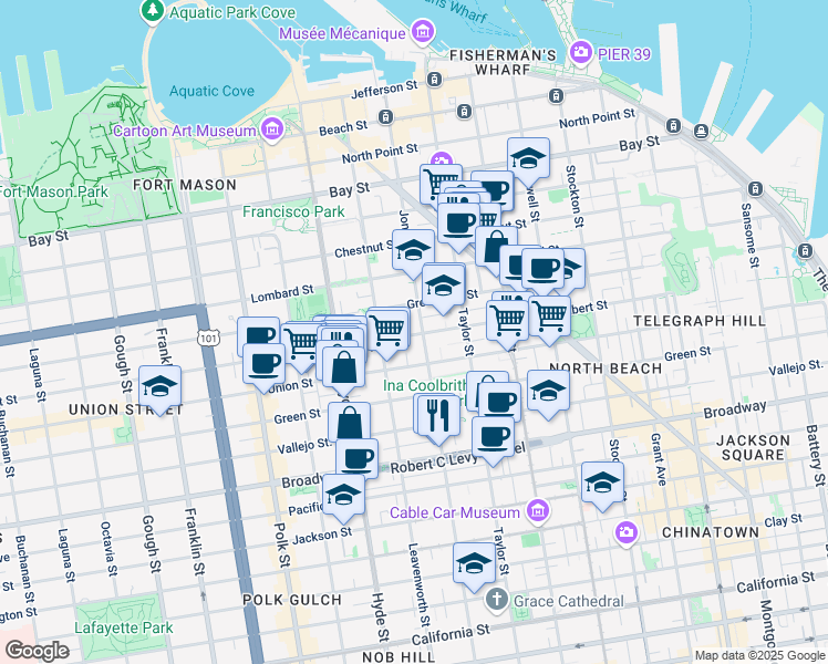 map of restaurants, bars, coffee shops, grocery stores, and more near 1041 Filbert Street in San Francisco