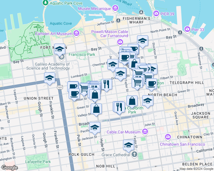 map of restaurants, bars, coffee shops, grocery stores, and more near 1041 Filbert Street in San Francisco