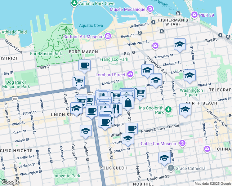 map of restaurants, bars, coffee shops, grocery stores, and more near in San Francisco
