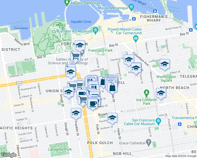 map of restaurants, bars, coffee shops, grocery stores, and more near 2409 Larkin Street in San Francisco